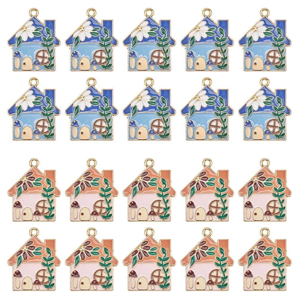 9586 1 Box 20Pcs Enamel House Charms Bulk Home Charm Golden Metal Alloy